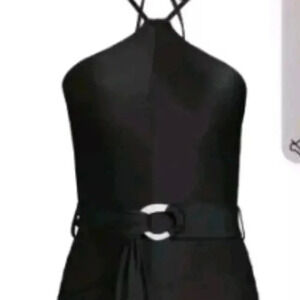 NEW Time and Tru Women's Chevron Halter One Piece Swimsuit With Belt Black Sz M
